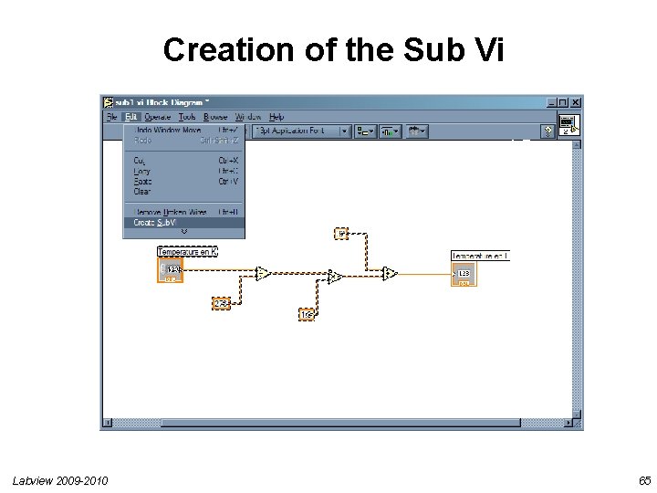 Creation of the Sub Vi Labview 2009 -2010 65 Creation of the Sub Vi Labview 2009 -2010 65