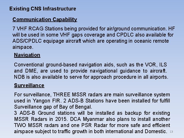 Existing CNS Infrastructure Communication Capability 7 VHF RCAG Stations being provided for air/ground communication.