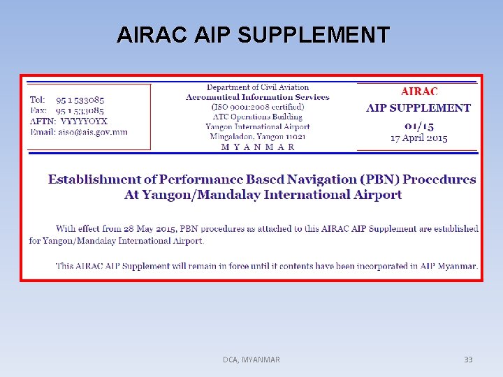 AIRAC AIP SUPPLEMENT DCA, MYANMAR 33 