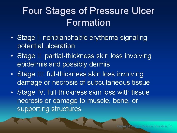 Four Stages of Pressure Ulcer Formation • Stage I: nonblanchable erythema signaling potential ulceration