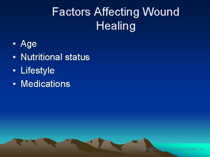 Factors Affecting Wound Healing • • Age Nutritional status Lifestyle Medications Copyright 2008 by