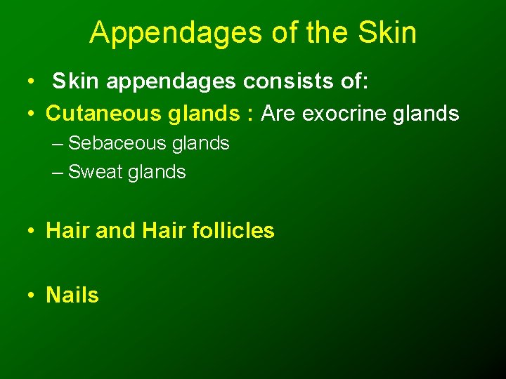 Appendages of the Skin • Skin appendages consists of: • Cutaneous glands : Are