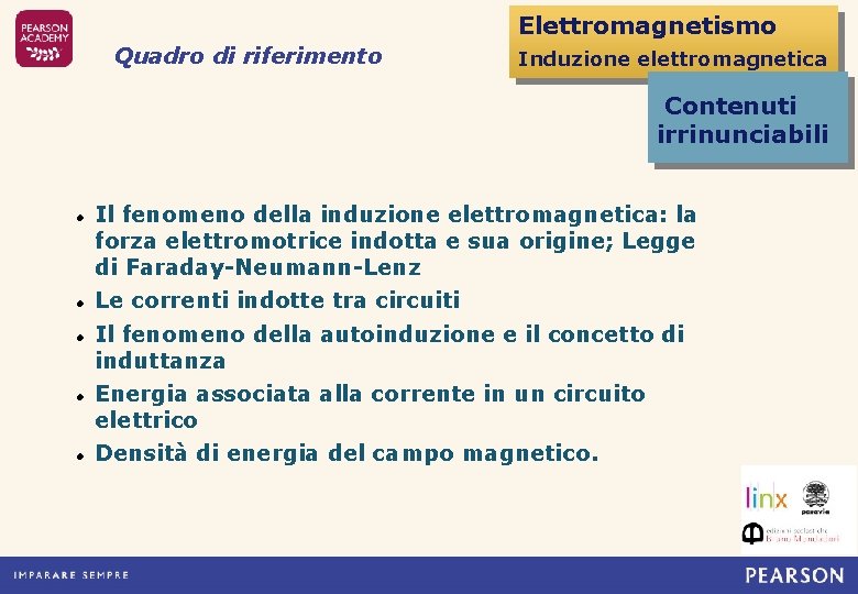 Elettromagnetismo Quadro di riferimento Induzione elettromagnetica Contenuti irrinunciabili Il fenomeno della induzione elettromagnetica: la