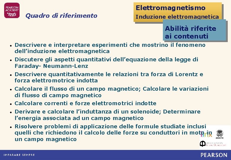 Elettromagnetismo Quadro di riferimento Induzione elettromagnetica Abilità riferite ai contenuti Descrivere e interpretare esperimenti