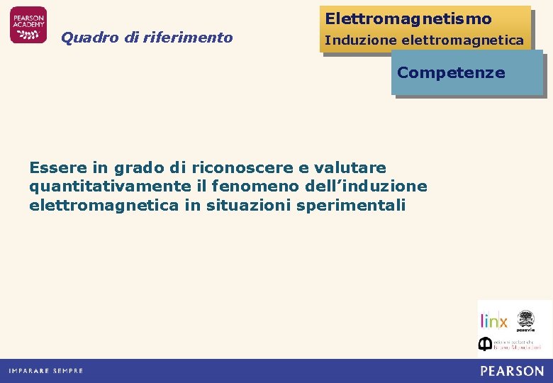 Elettromagnetismo Quadro di riferimento Induzione elettromagnetica Competenze Essere in grado di riconoscere e valutare