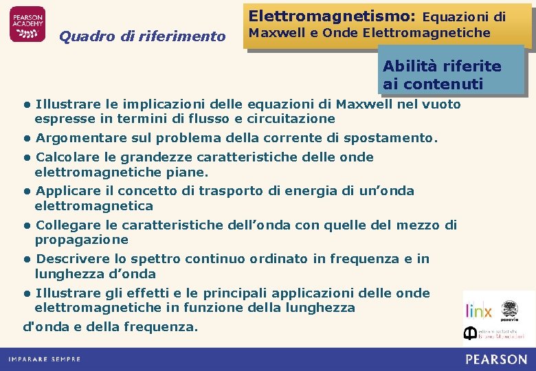 Elettromagnetismo: Equazioni di Quadro di riferimento Maxwell e Onde Elettromagnetiche Abilità riferite ai contenuti