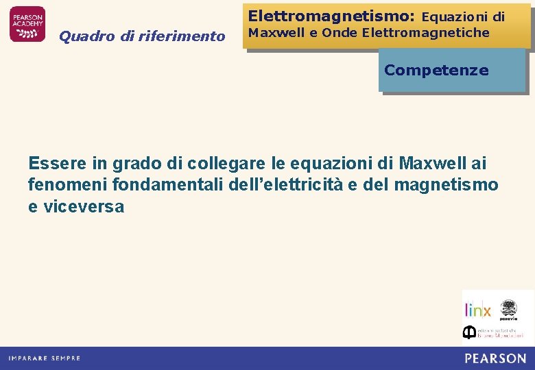 Elettromagnetismo: Equazioni di Quadro di riferimento Maxwell e Onde Elettromagnetiche Competenze Essere in grado