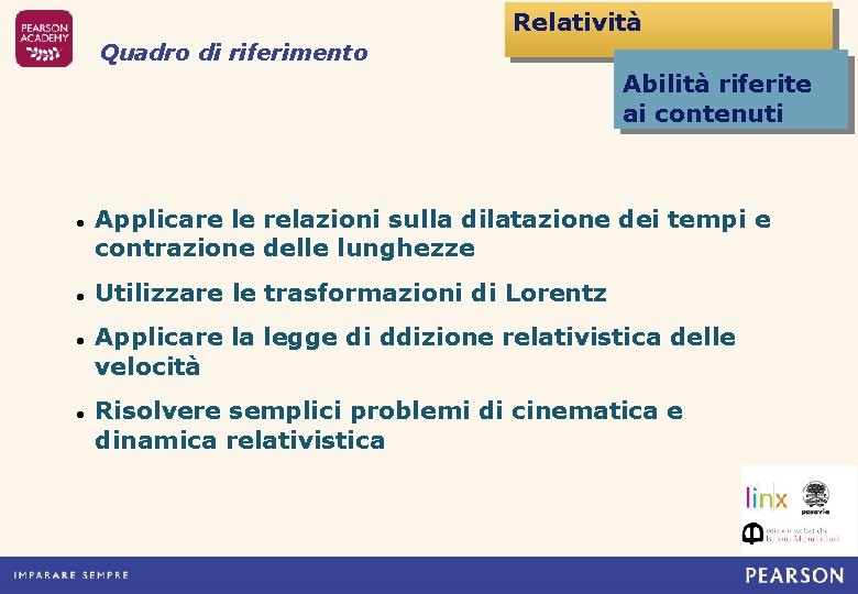 Relatività Quadro di riferimento Abilità riferite ai contenuti Applicare le relazioni sulla dilatazione dei