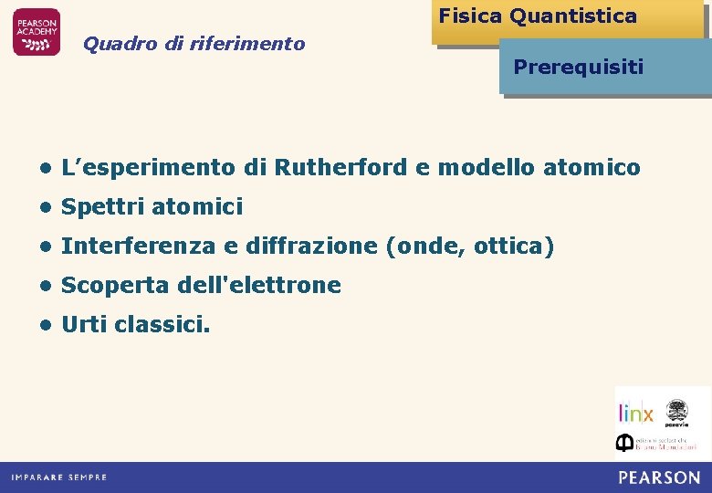 Fisica Quantistica Quadro di riferimento Prerequisiti • L’esperimento di Rutherford e modello atomico •