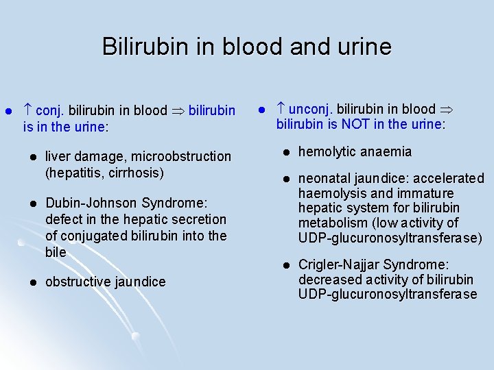 Bilirubin in blood and urine l conj. bilirubin in blood bilirubin is in the