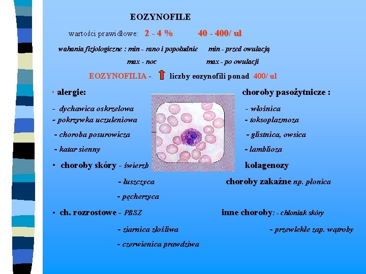  EOZYNOFILE wartości prawidłowe: 2 - 4 % 40 - 400/ ul wahania fizjologiczne