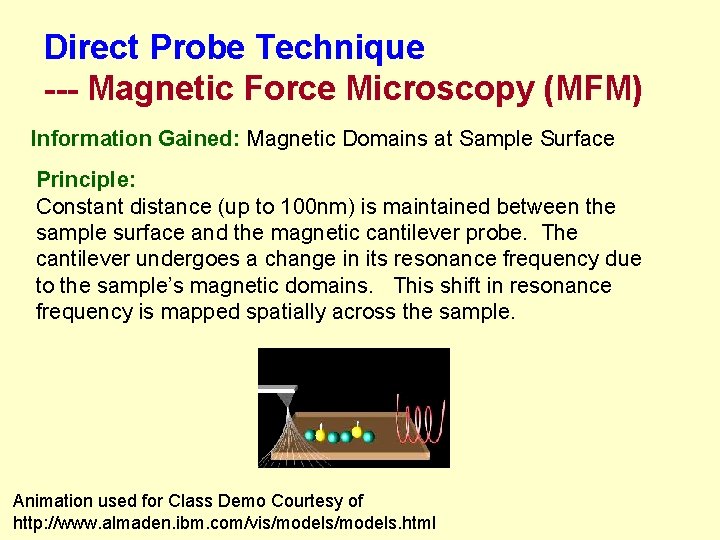 Direct Probe Technique --- Magnetic Force Microscopy (MFM) Information Gained: Magnetic Domains at Sample