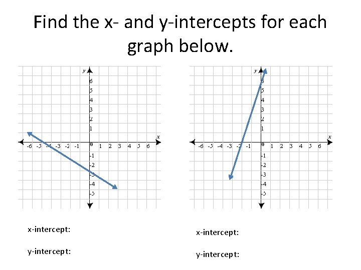 Find the x- and y-intercepts for each graph below. x-intercept: y-intercept: 