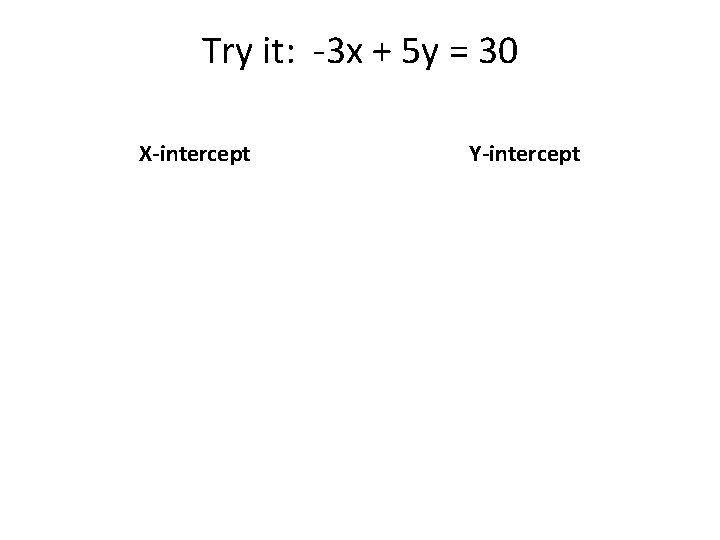 Try it: -3 x + 5 y = 30 X-intercept Y-intercept 