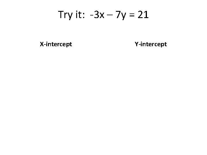 Try it: -3 x – 7 y = 21 X-intercept Y-intercept 