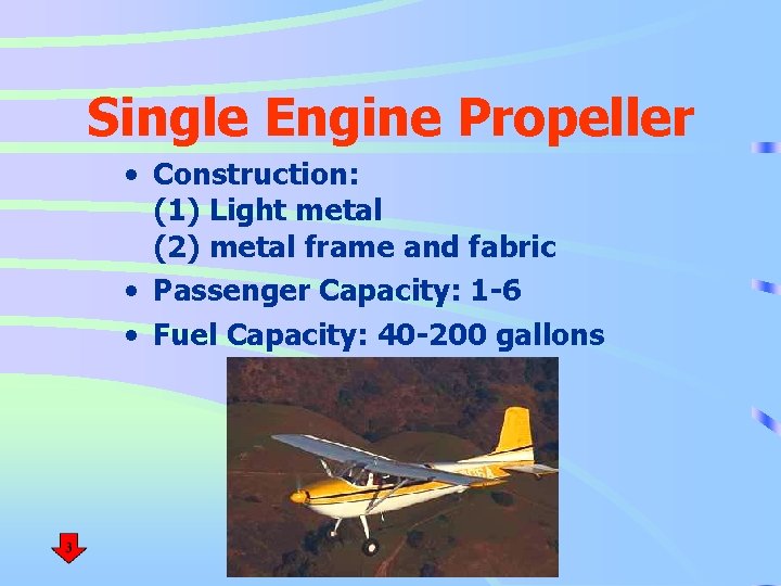 Single Engine Propeller • Construction: (1) Light metal (2) metal frame and fabric •