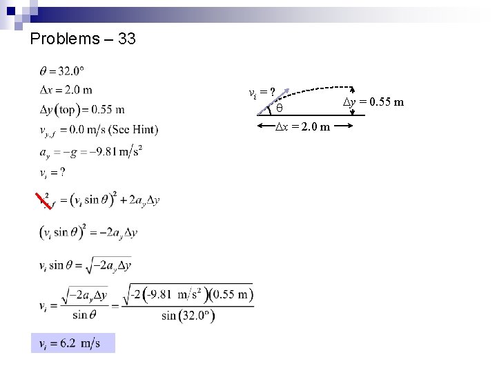 Problems – 33 vi = ? q Dx = 2. 0 m Dy =