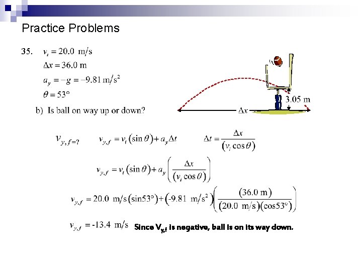 Practice Problems 35. Since Vy, f is negative, ball is on its way down.