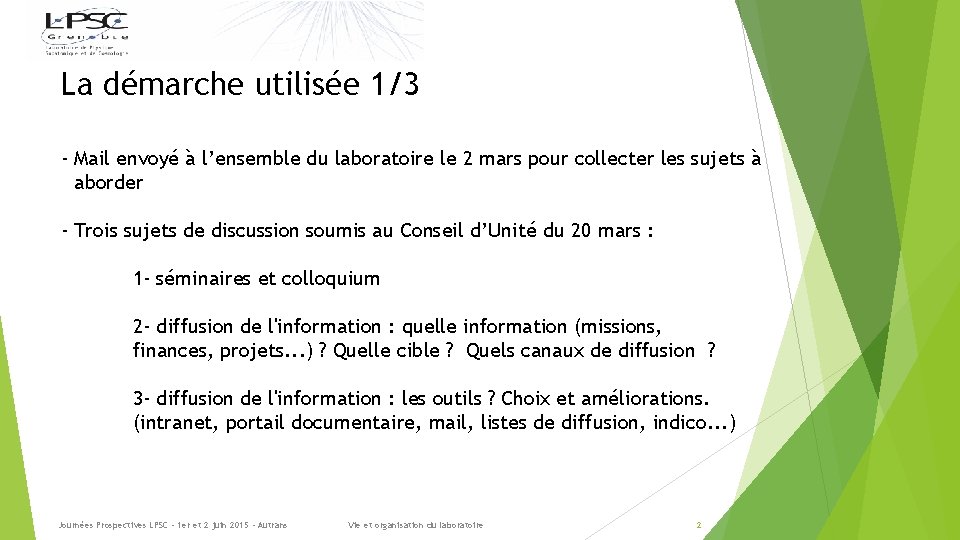 La démarche utilisée 1/3 - Mail envoyé à l’ensemble du laboratoire le 2 mars