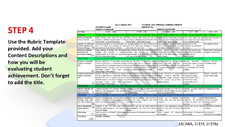 STEP 4 Use the Rubric Template provided. Add your Content Descriptions and how you