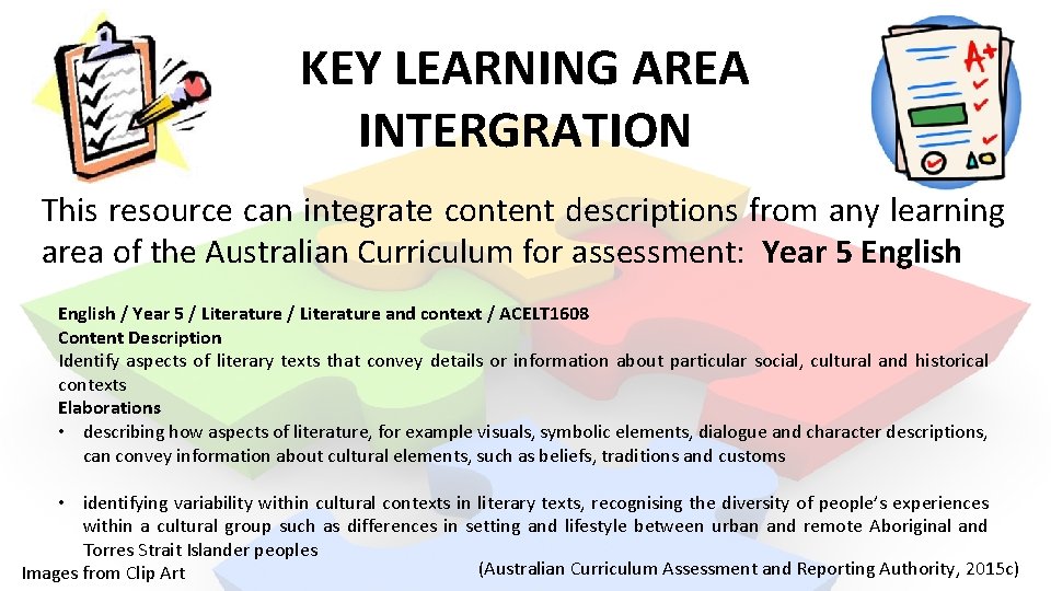 KEY LEARNING AREA INTERGRATION This resource can integrate content descriptions from any learning area