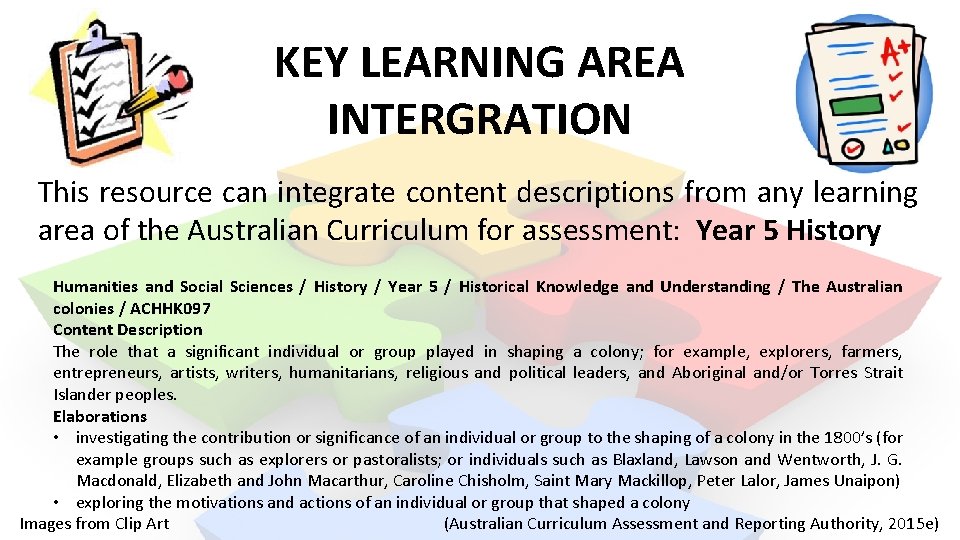 KEY LEARNING AREA INTERGRATION This resource can integrate content descriptions from any learning area