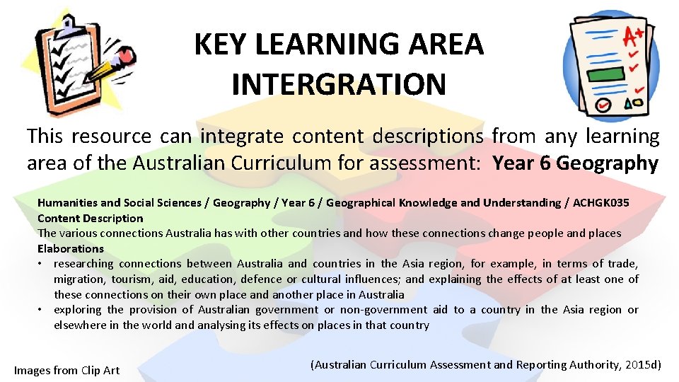 KEY LEARNING AREA INTERGRATION This resource can integrate content descriptions from any learning area