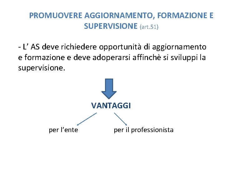PROMUOVERE AGGIORNAMENTO, FORMAZIONE E SUPERVISIONE (art. 51) - L’ AS deve richiedere opportunità di