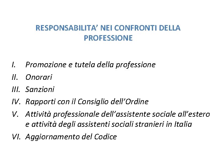 RESPONSABILITA’ NEI CONFRONTI DELLA PROFESSIONE I. III. IV. V. Promozione e tutela della professione