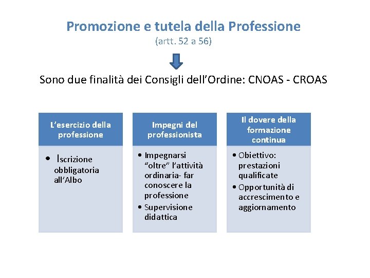 Promozione e tutela della Professione (artt. 52 a 56) Sono due finalità dei Consigli