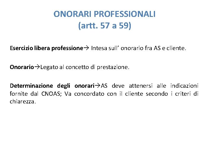 ONORARI PROFESSIONALI (artt. 57 a 59) Esercizio libera professione Intesa sull’ onorario fra AS