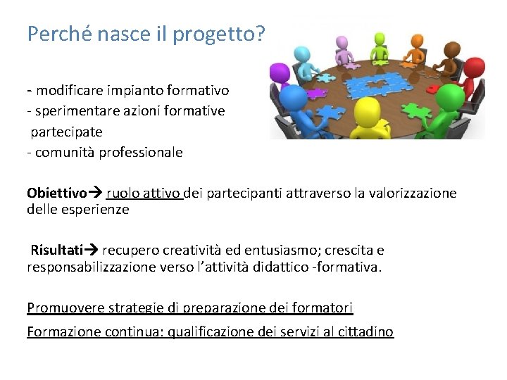 Perché nasce il progetto? - modificare impianto formativo - sperimentare azioni formative partecipate -