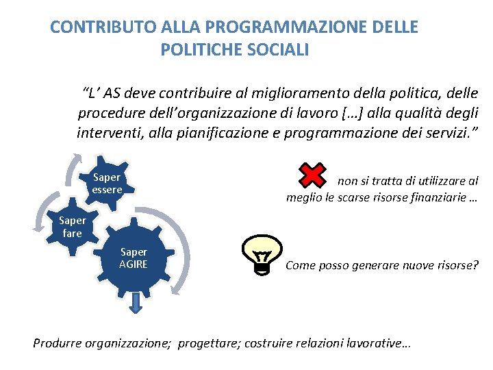 CONTRIBUTO ALLA PROGRAMMAZIONE DELLE POLITICHE SOCIALI “L’ AS deve contribuire al miglioramento della politica,