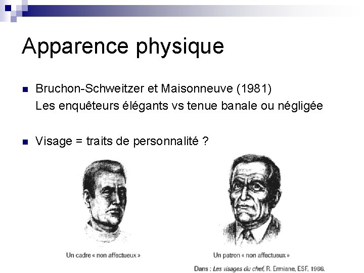 Apparence physique n Bruchon-Schweitzer et Maisonneuve (1981) Les enquêteurs élégants vs tenue banale ou