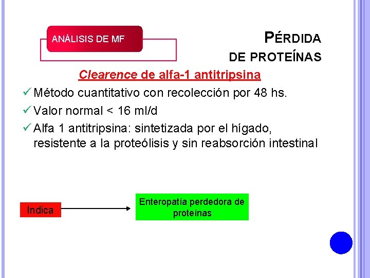 PÉRDIDA ANÁLISIS DE MF DE PROTEÍNAS Clearence de alfa-1 antitripsina ü Método cuantitativo con