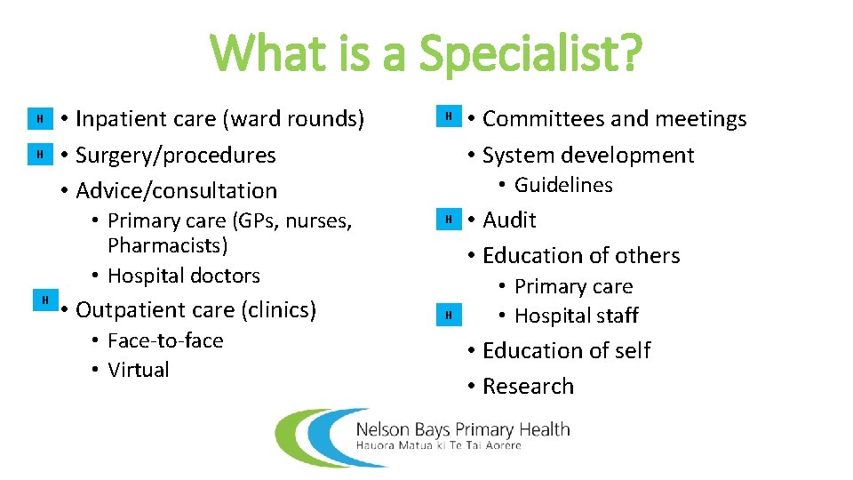 What is a Specialist? H H • Inpatient care (ward rounds) • Surgery/procedures •