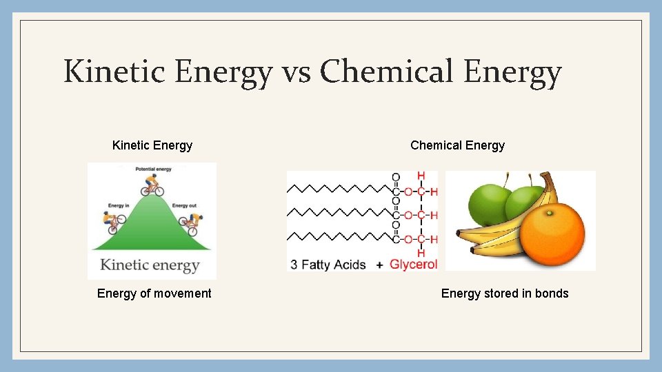 Kinetic Energy vs Chemical Energy Kinetic Energy of movement Chemical Energy stored in bonds