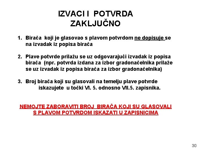 IZVACI I POTVRDA ZAKLJUČNO 1. Birača koji je glasovao s plavom potvrdom ne dopisuje