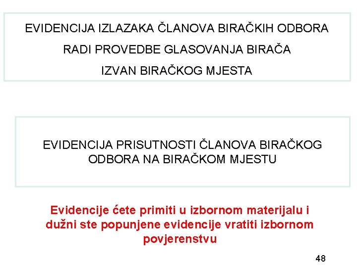 EVIDENCIJA IZLAZAKA ČLANOVA BIRAČKIH ODBORA RADI PROVEDBE GLASOVANJA BIRAČA IZVAN BIRAČKOG MJESTA EVIDENCIJA PRISUTNOSTI