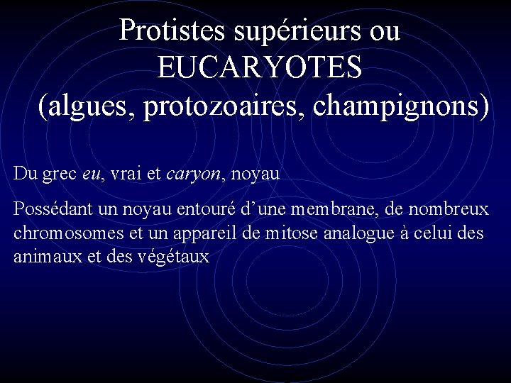 Protistes supérieurs ou EUCARYOTES (algues, protozoaires, champignons) Du grec eu, vrai et caryon, noyau