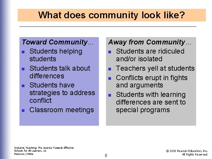 What does community look like? Toward Community… n Students helping students n Students talk