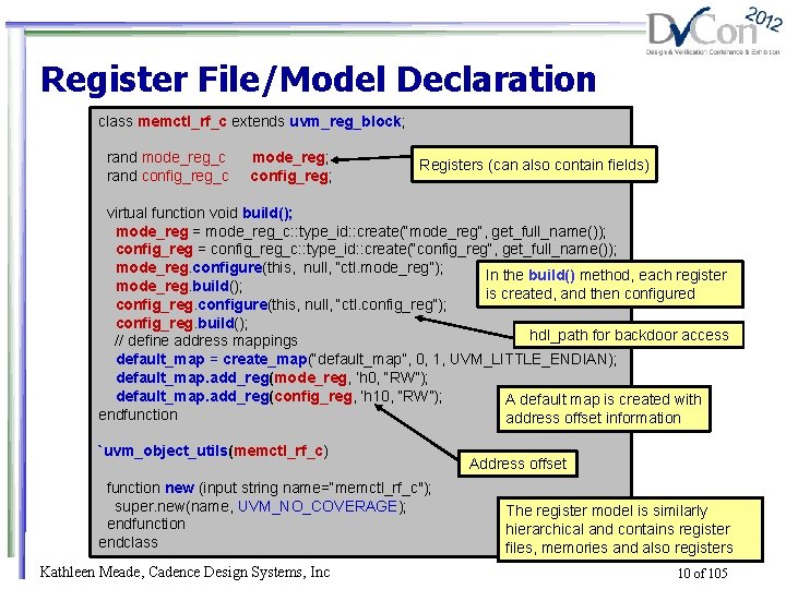 Register File/Model Declaration class memctl_rf_c extends uvm_reg_block; rand mode_reg_c rand config_reg_c mode_reg; config_reg; Registers