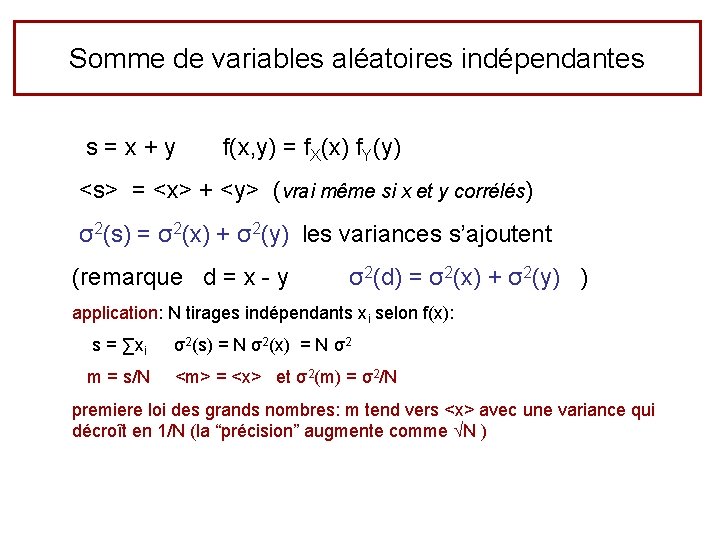 Somme de variables aléatoires indépendantes s = x + y f(x, y) = f.