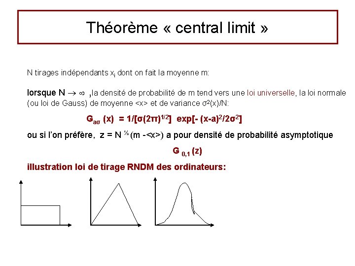 Théorème « central limit » N tirages indépendants xi dont on fait la moyenne