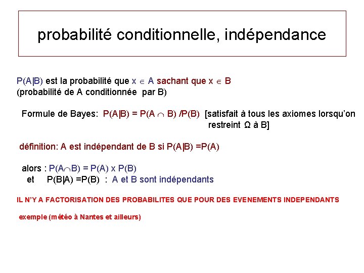 probabilité conditionnelle, indépendance P(A|B) est la probabilité que x A sachant que x B