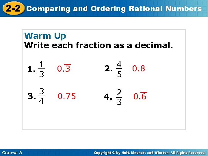 2 -2 Comparing and Ordering Rational Numbers Warm Up Write each fraction as a