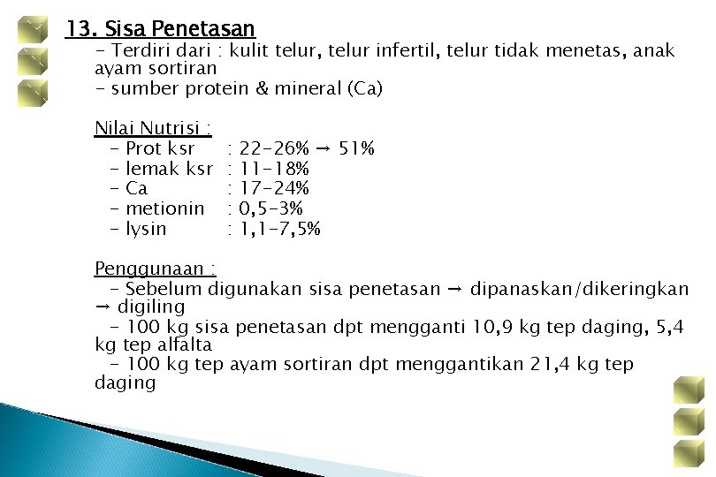 13. Sisa Penetasan - Terdiri dari : kulit telur, telur infertil, telur tidak menetas,