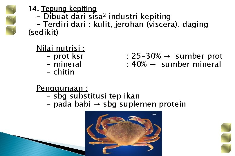 14. Tepung kepiting - Dibuat dari sisa 2 industri kepiting - Terdiri dari :