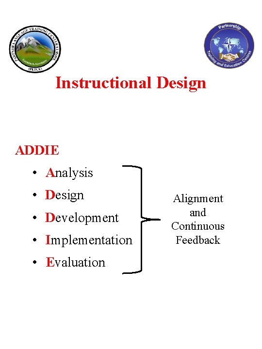 Instructional Design ADDIE • Analysis • Design • Development • Implementation • Evaluation Alignment