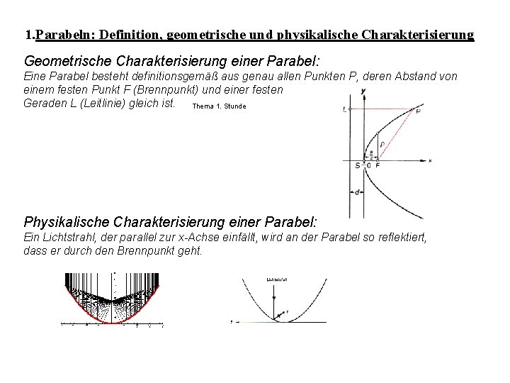 1. Parabeln: Definition, geometrische und physikalische Charakterisierung Geometrische Charakterisierung einer Parabel: Eine Parabel besteht